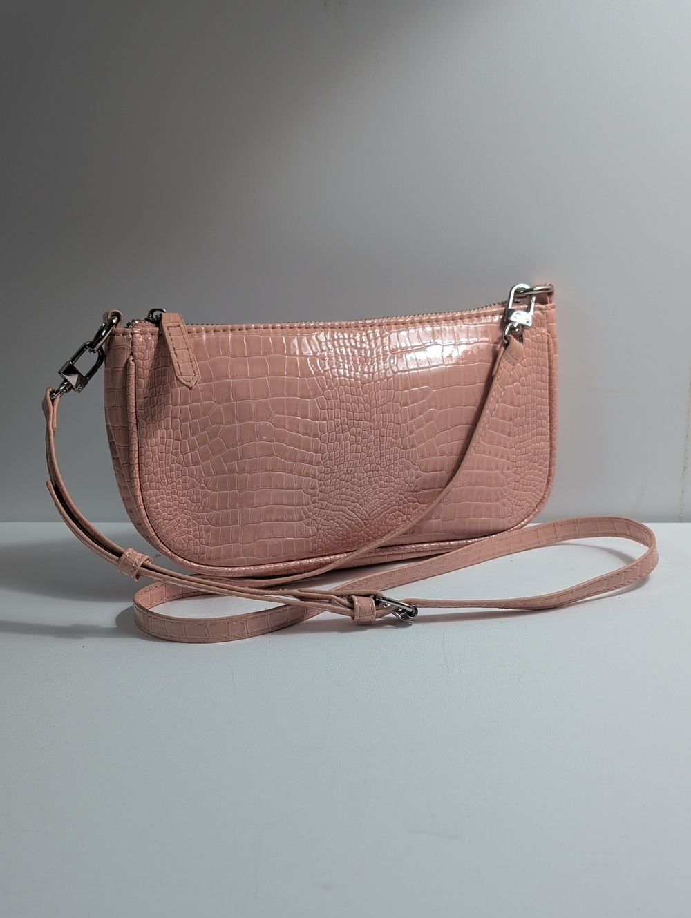 Light Pink Croc-Embossed Baguette Shoulder Bag Crossbody